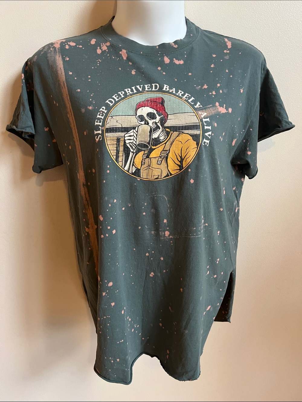 Sleep Deprived Graphic Tee in Olive with Pink Splatter